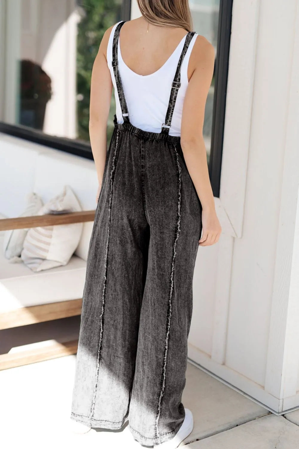 Frayed Exposed Seam Wide Leg Denim Overalls - Velora
