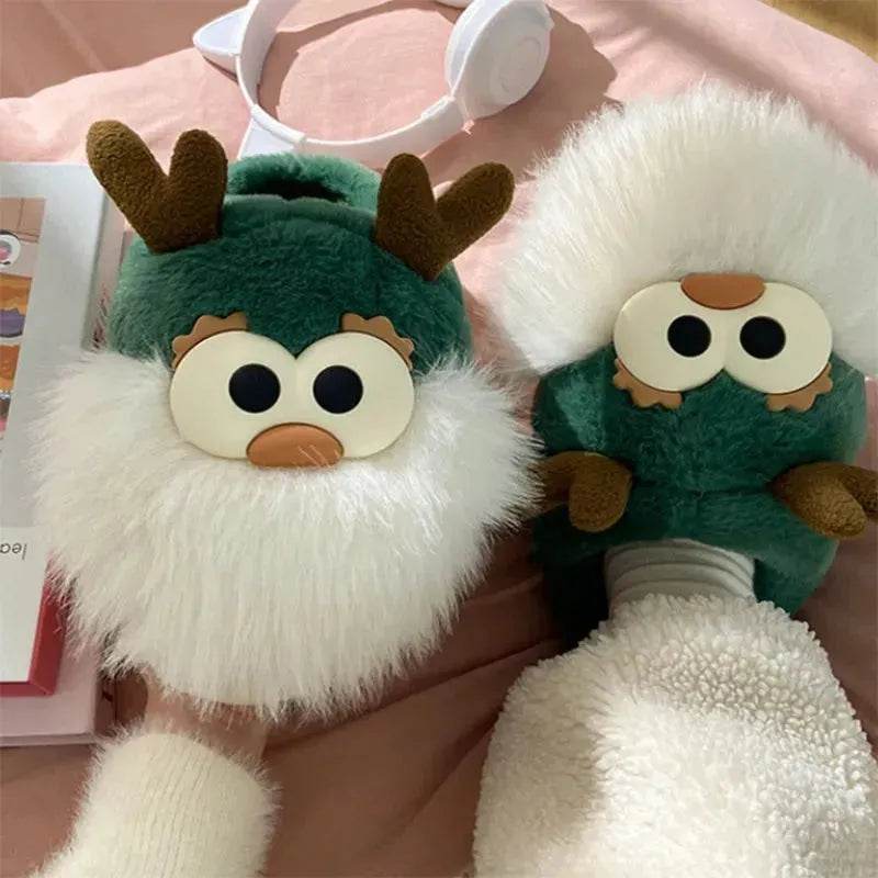 Cute Cartoon Christmas Deer Cotton Shoes Winter Indoor Floor Home Slippers Half-covered Heel Warm Plush Shoes Women - Velora