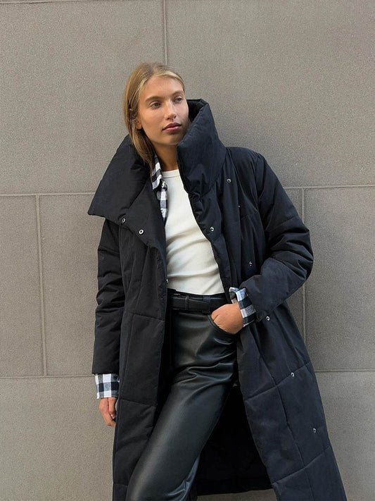 Fashion Large Lapel Long Coat Winter Warm Cotton Jacket With Pockets And Lace-up Design Casual Solid Color Thick Coat For Women Outwear Clothing - Velora