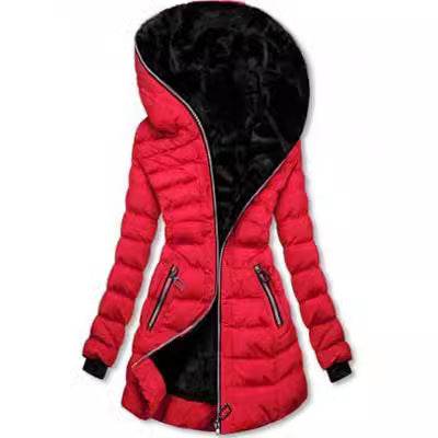 Hooded Warm Fleece Padded Jacket Mid-length Jacket Black Padded Jacket - Velora