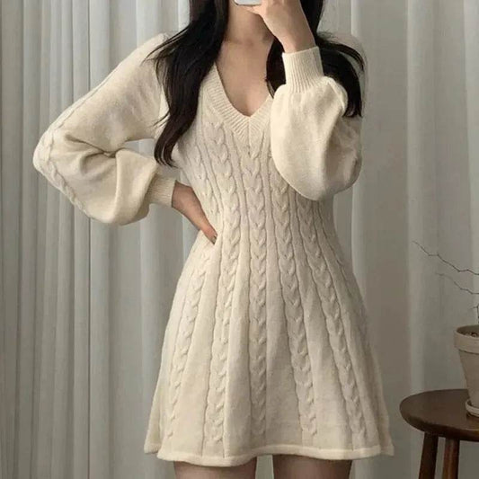 Fashionable Autumn Winter Mini Flared Knitted Sweater Dress - Velora