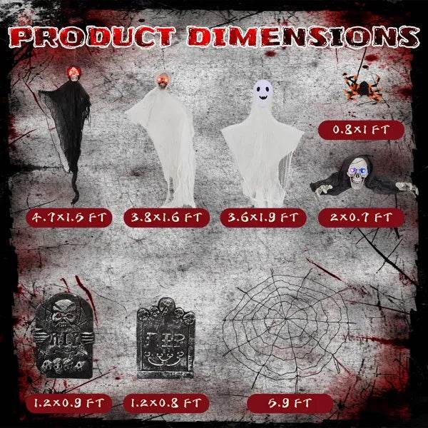 Outdoor Halloween Decorations 8-Piece Set, Hanging Ghosts Decor And Cobweb And Gravestone With Lighted Up Eyes, Scary Swinging Ghost Flying For Yard Patio Lawn Garden - Velora