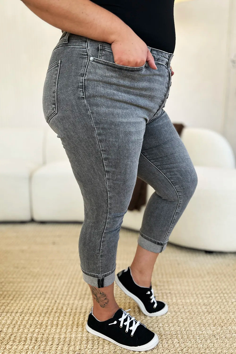 Judy Blue Full Size Button Fly High Waist Cuffed Capris - Velora