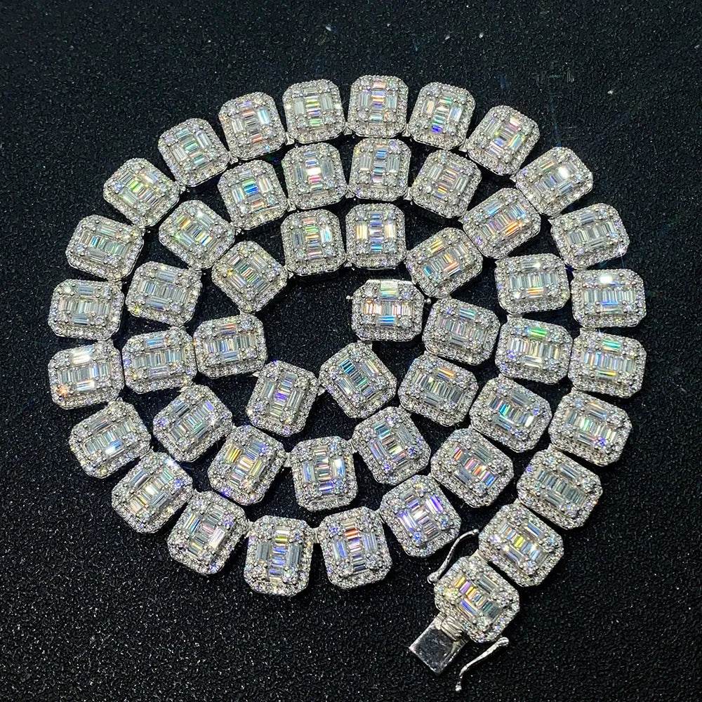 S925 Silver Inlay Rectangular Moissanite Diamond Cuban Link Chain