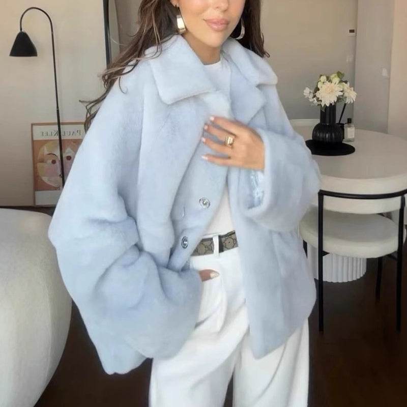 Loose Lapel Single Breasted Furry Coat Winter Fashion Fleece Long Sleeve Jacket Plush Short Top For Woman - Velora