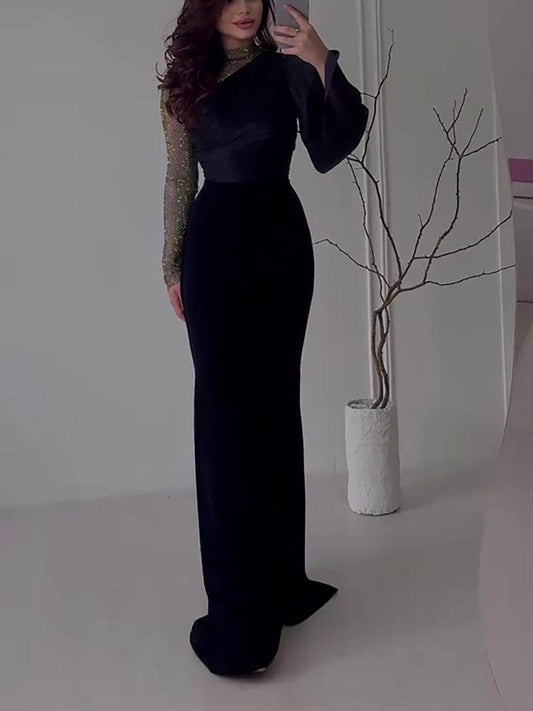 Elegant Sparkling Diamond Patchwork Long-sleeved Maxi Dress - Velora