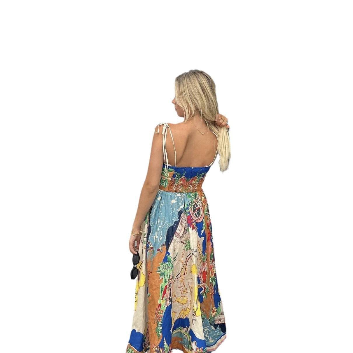 Elegant Ladies Spaghetti strap Vacation Resort Boho Floral Summer Maxi dress - Velora