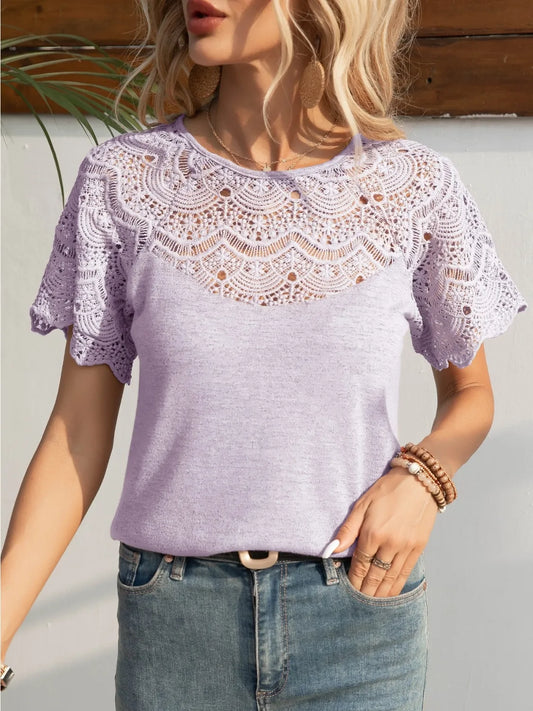 Round Neck Short Sleeve Crochet Top - Velora