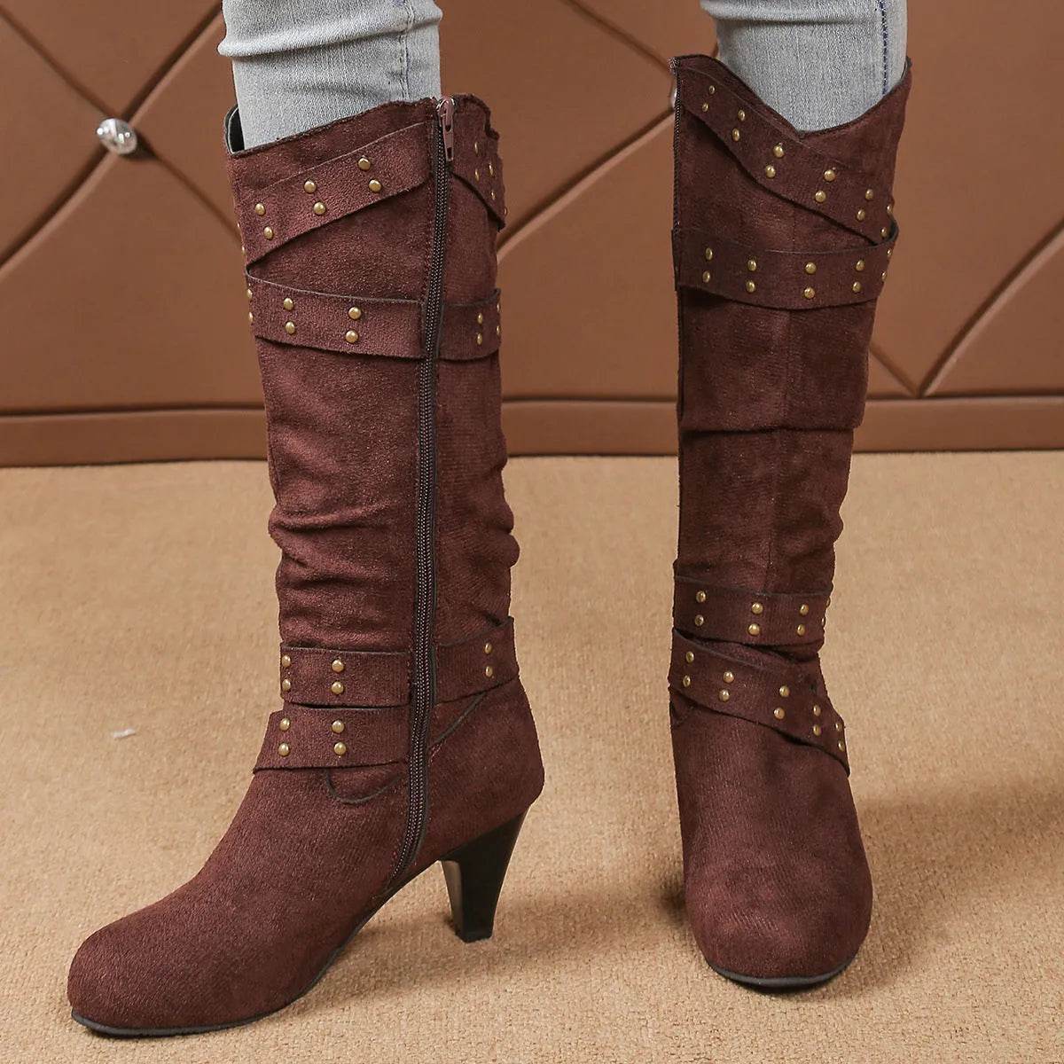 Fashion High Heel Boots With Cross-strap Rivet Design Retro V-cut Western Cowboy Boot Casual Zipper Shoes For Women - Velora