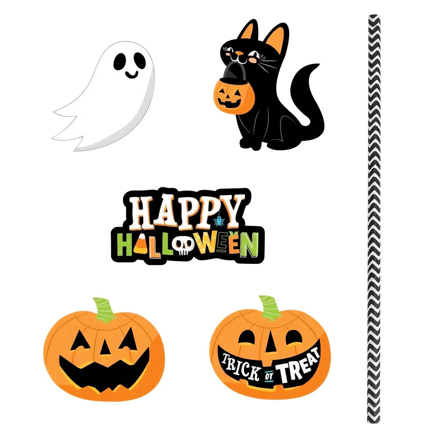 Set Of 25Pcs Halloween Party Striped Decorative Straws Disposable Drinking Straws Paper Straw Decor Happy Halloween Ghost Lantern Black Cat Halloween Party Supplies - Velora