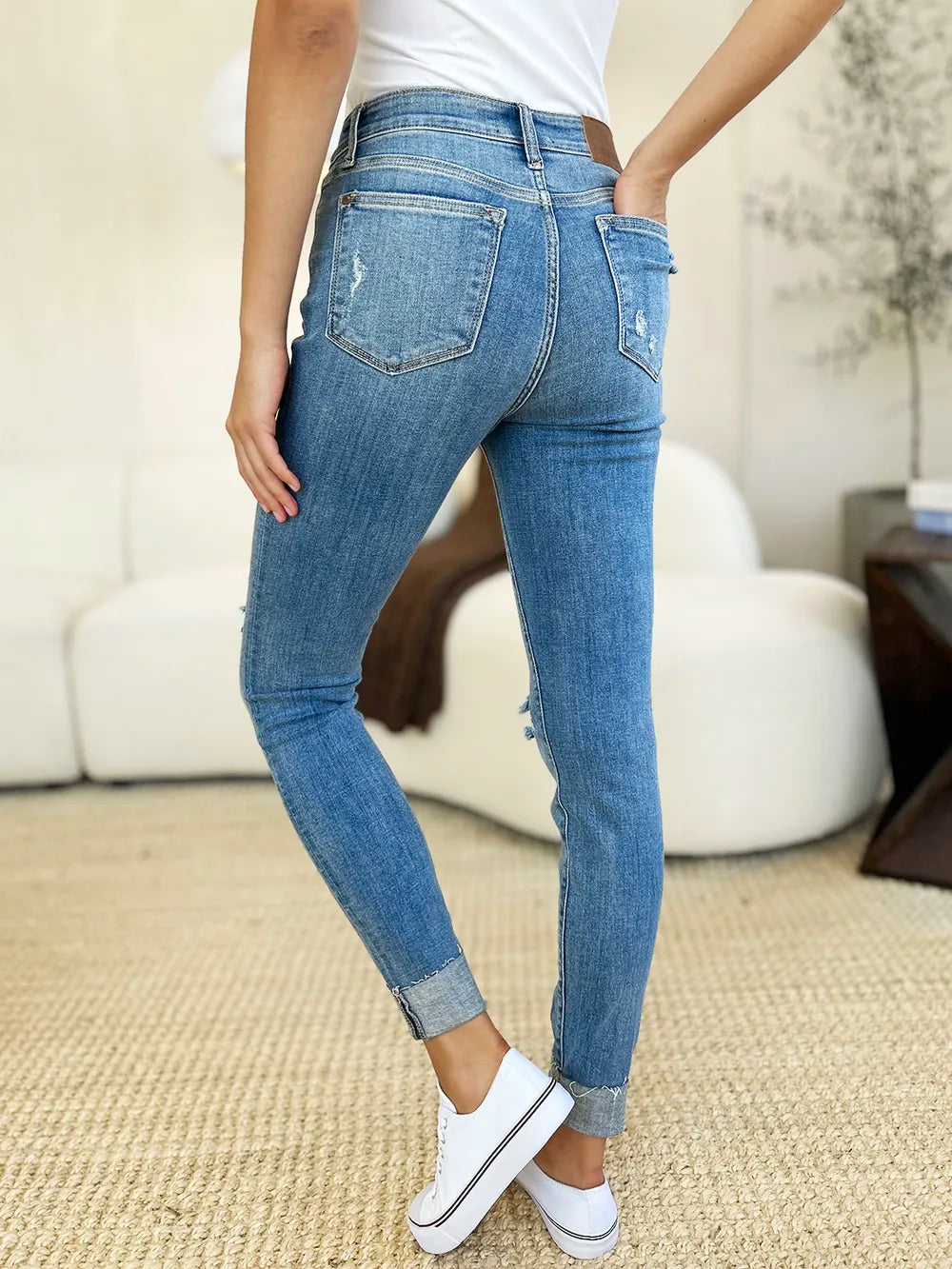 Judy Blue Full Size Mid Rise Destroy & Cuff Skinny Jeans - Velora