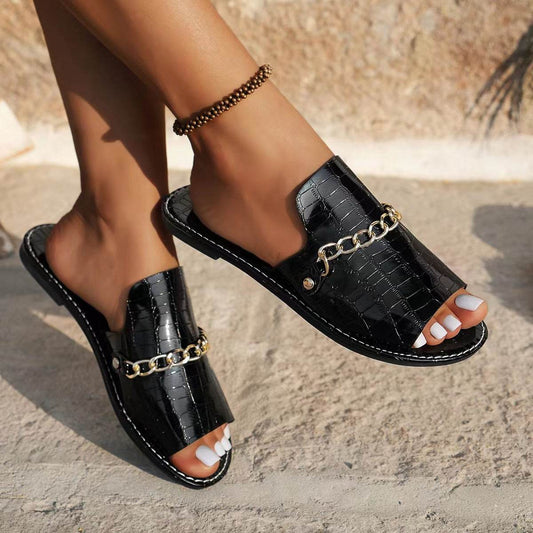 Pattern Chains Sandals Summer Fish Mouth Flat Slides Shoes Women Casual Vacation Beach Slippers - Velora
