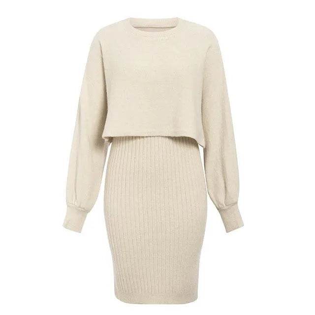 Women 2pcs Winter Outfit Cashmere dress Cropped Pullover top - Velora