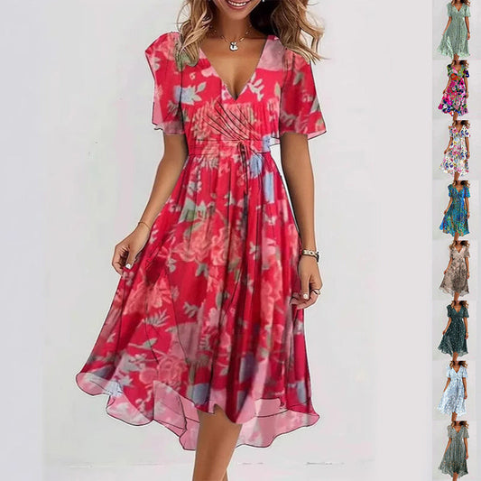 Flowers Printed V-neck Dress Summer A-line Short-sleeved Dresses For Women Velora