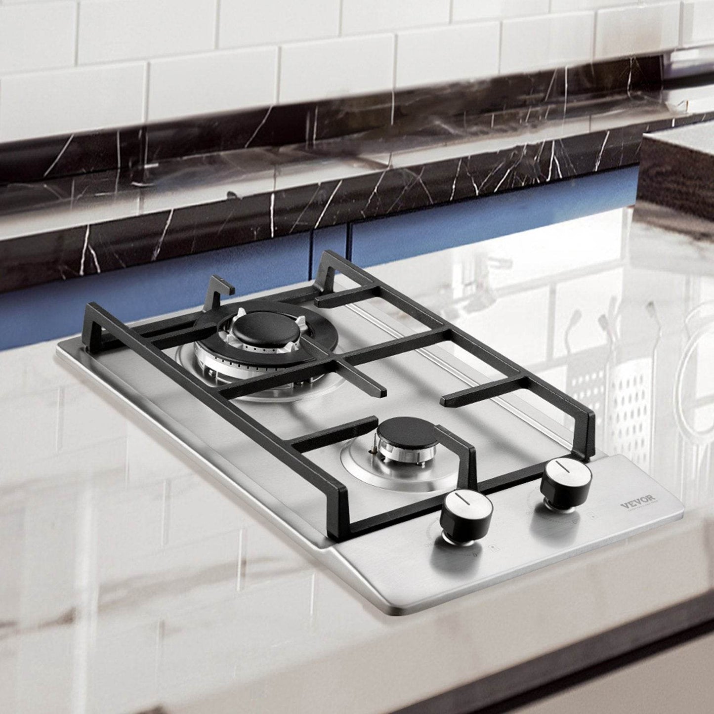 Gas Cooktop 12 Inch, Max 12250BTU 2 Burners Built-in Stainless Steel Gas Stove Top, LPG NG Convertible Dual Fuel Natural Gas Hob With Thermocouple Protection - Velora