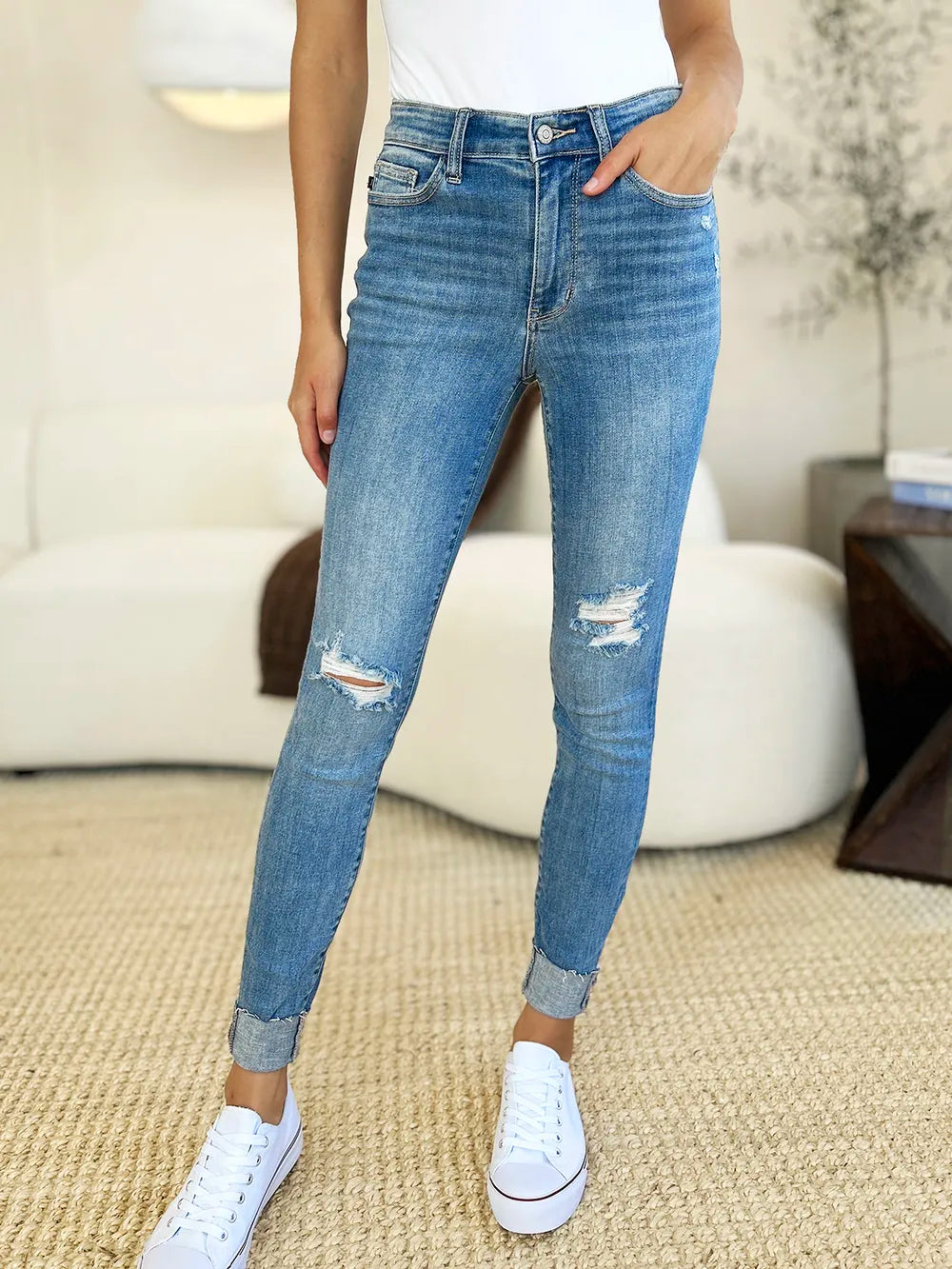 Judy Blue Full Size Mid Rise Destroy & Cuff Skinny Jeans - Velora