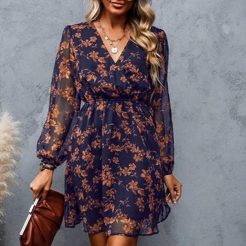 Casual V-neck Summer Spring Long Sleeve Floral mini Chiffon Dress - Velora