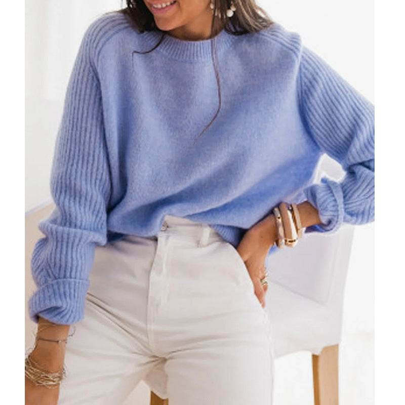 European Milk Blue Bedford Cord Sweater Women's Round-collar Long-sleeve Knitwear Casual Women's Clothing Fashion Knit Top Outerwear - Velora