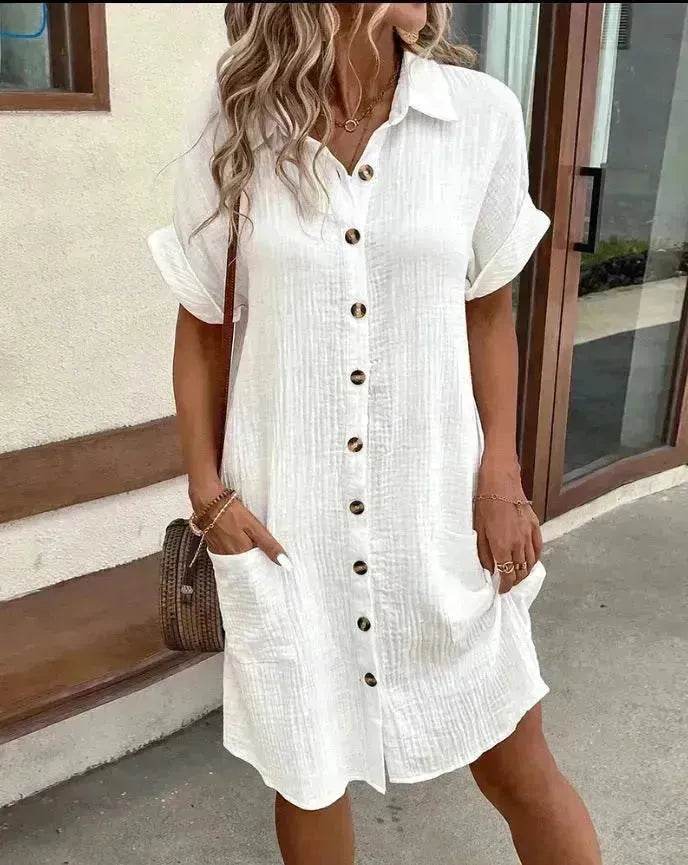 Womens Button Down Shirt Dress Summer Cotton Linen Dress V-Neck Mini Dress Casual Short Sleeve Loose Tunic Dresses - Velora
