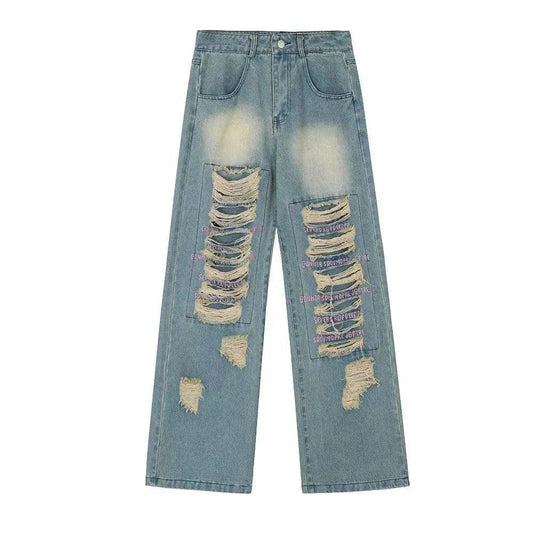 Beggar Ripped Patch Embroidered Letter Jeans - Velora