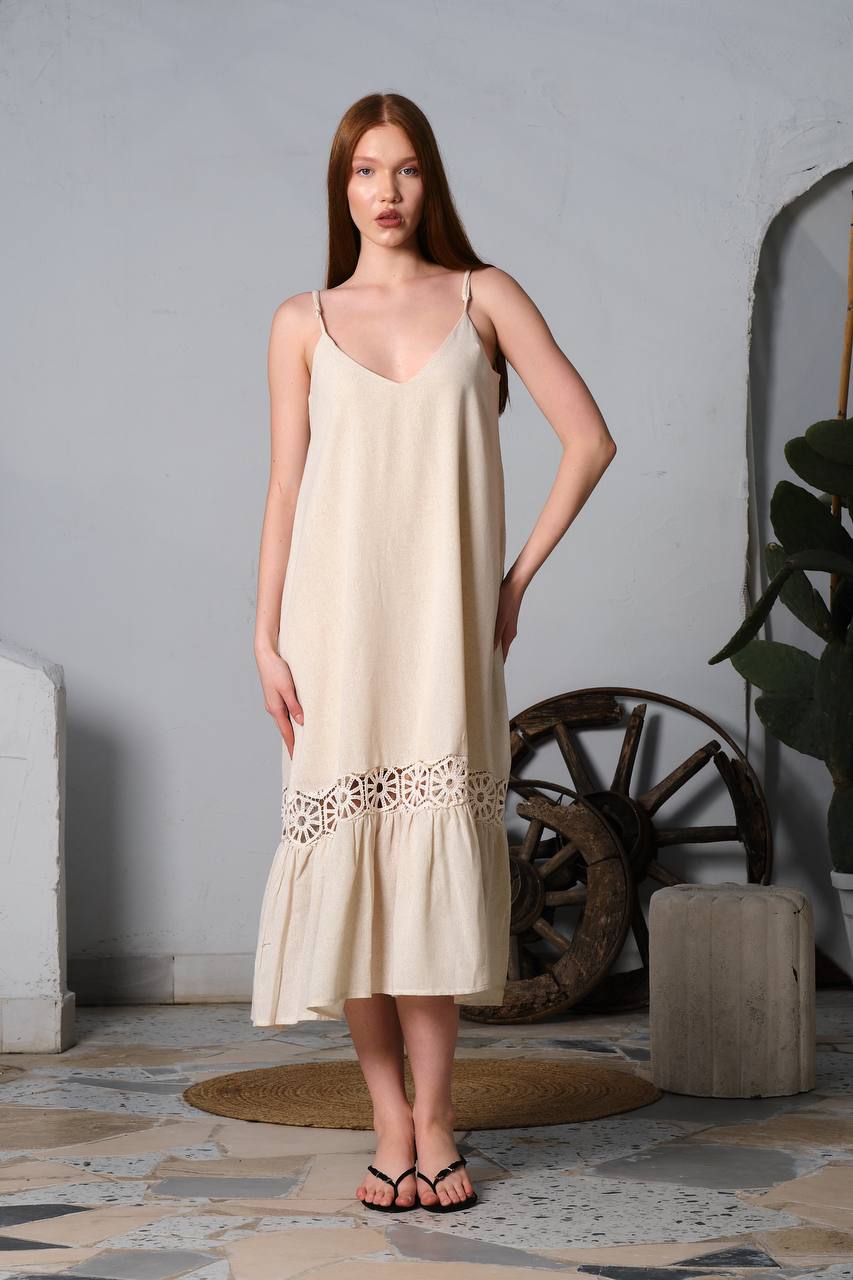 Linen Spaghetti Long Dress Astudio.fashion