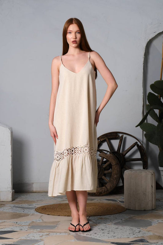 Linen Spaghetti Long Dress Astudio.fashion