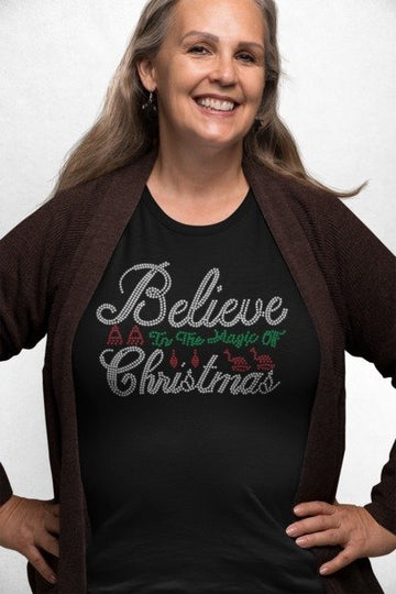 Believe in the Magic of Christmas Rhinestone Shirt – Holiday Sparkle Bling Tee | Blingdazzel