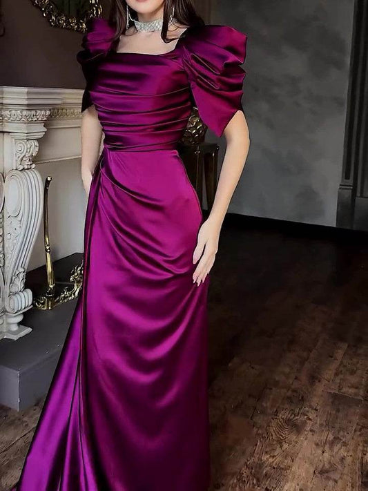 Elegant Puff Sleeve Pleated Slit Maxi Dress - Velora