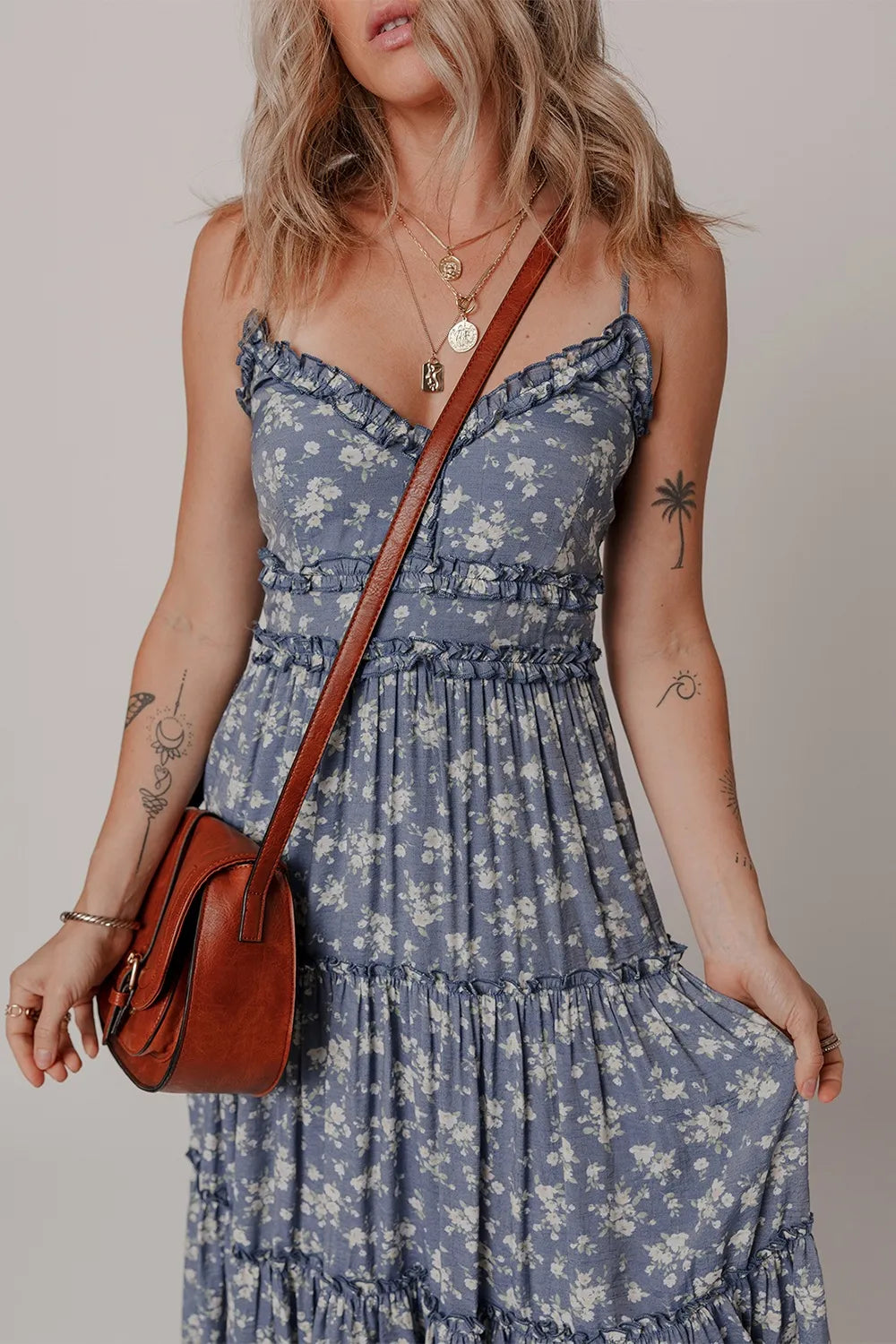 Floral Spaghetti Strap Frilled V Neck Tiered Midi Dress - Velora