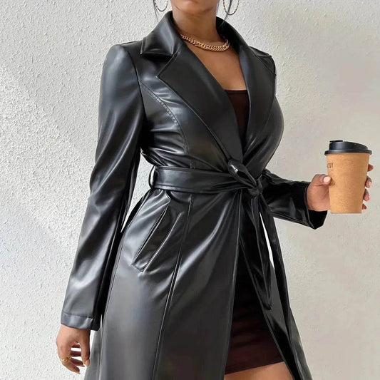 Fashionable Longline leather overcoat Jacket for women - Velora