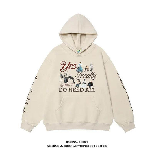 American Retro Washed Distressed Cartoon Letter Print Pullover Hoodie Sweatshirt - Velora
