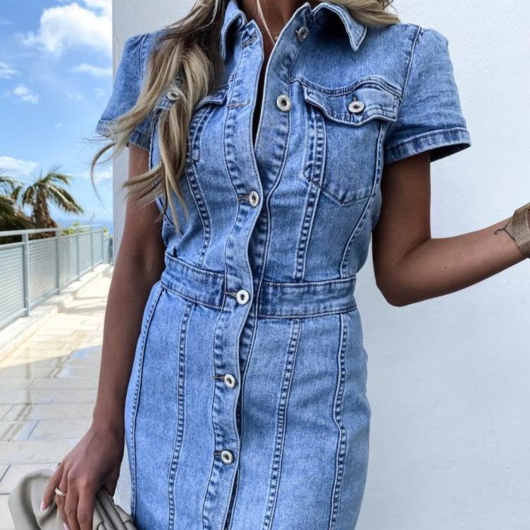 Stretch Mid Length Retro jeans Slim Single-breasted button down short sleeve Denim Dress - Velora