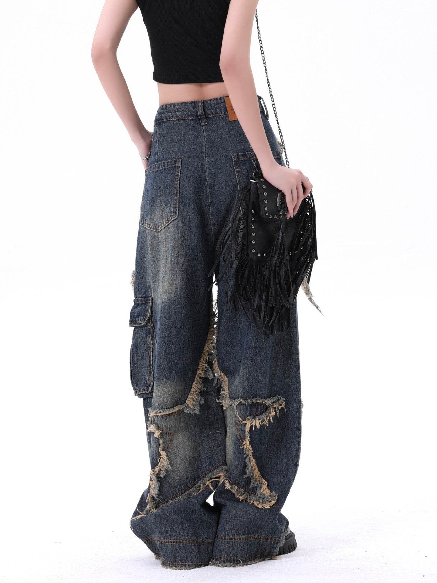 Distressed Denim Pant for women Oversized Streetstyle Patch Cargo Jeans Pant - Velora