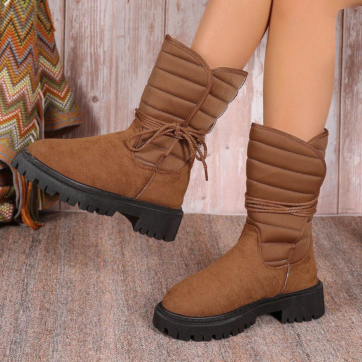 New Chunky Heel Mid-tube Snow Boots Winter Warm Fleece Boot With Lace-up Design Fashion Casual Shoes For Women - Velora