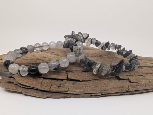 Black Rutile Quartz / Tourmalinated Quartz Bracelets – Chip & 8mm Beads