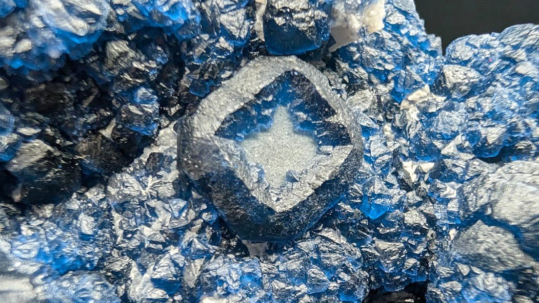 Blueberry Fluorite with Rare Cubic Window Formation & White Quartz – Huangganglang Mine (7" Museum Specimen)