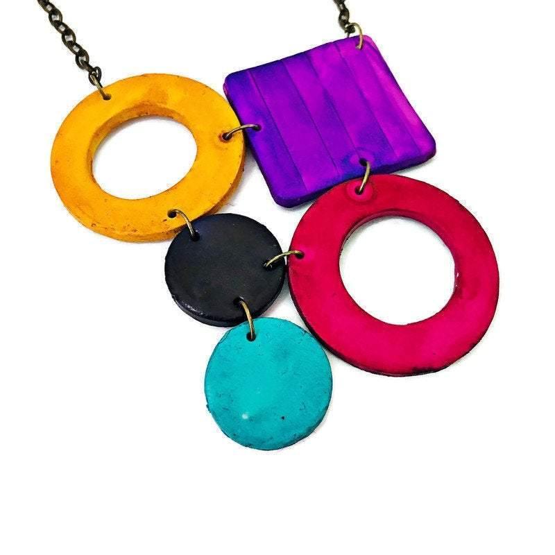 Bold Retro Statement Necklace with Multicolored Geometric Design, Clay Hand Painted - Velora Luxury Fashion