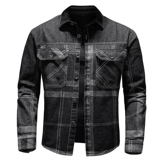 Fashion Plaid Denim Long-sleeved mens denim shirt Slim fit Jeans Shirt for men Denim top for men - Velora