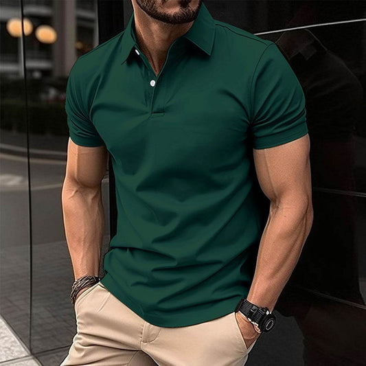 Summer Short Sleeve Polo Shirt Men Solid Color Button Lapel Button Top - Velora