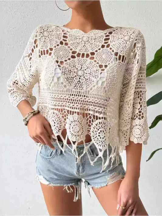 Openwork Round Neck Cover-Up - Velora