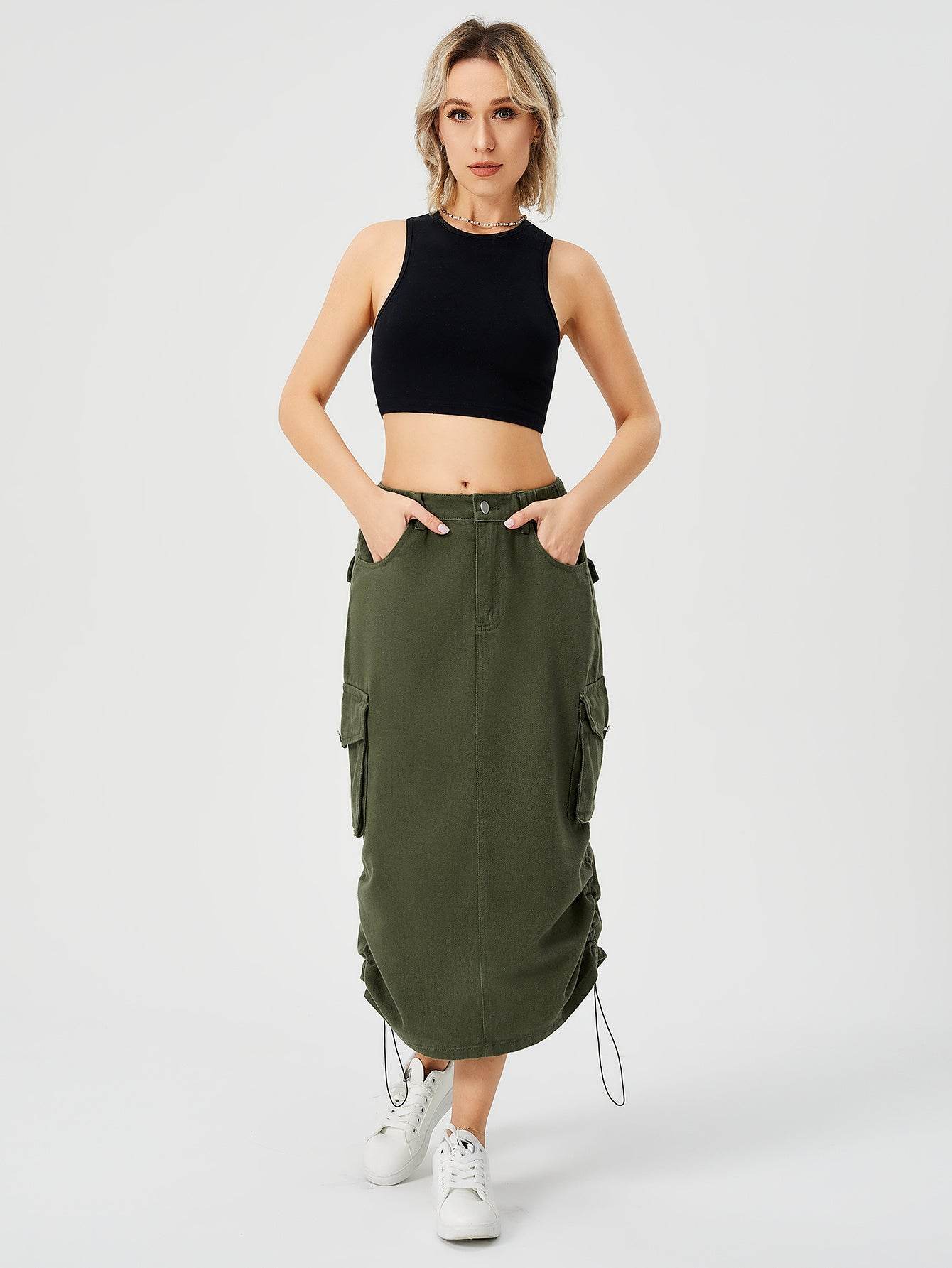 Women Casual Street wear High waisted Pencil Midi Cargo Skirt - Velora