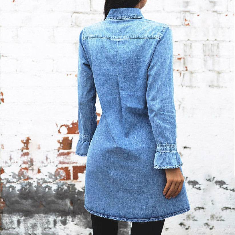 Long Sleeve Denim Button down Mini Dress Fashion Jeans Dress Women - Velora
