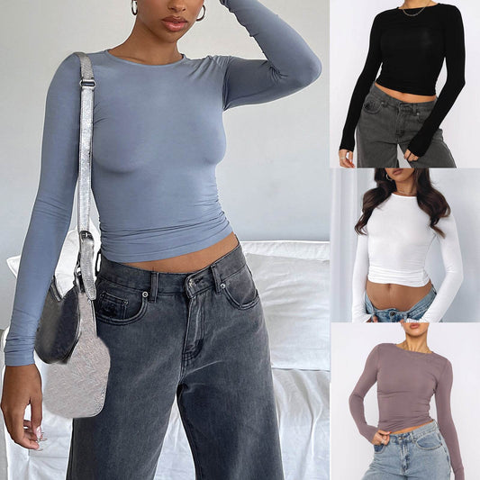 Women's Clothing Fashion Slim Long-sleeved Pullovers Tops Solid Causal Fit Shirts - Velora