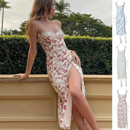 Women's Floral Spaghetti Strap Cami Dress Lace Trim Side Slit Bodycon Midi summer Dress - Velora