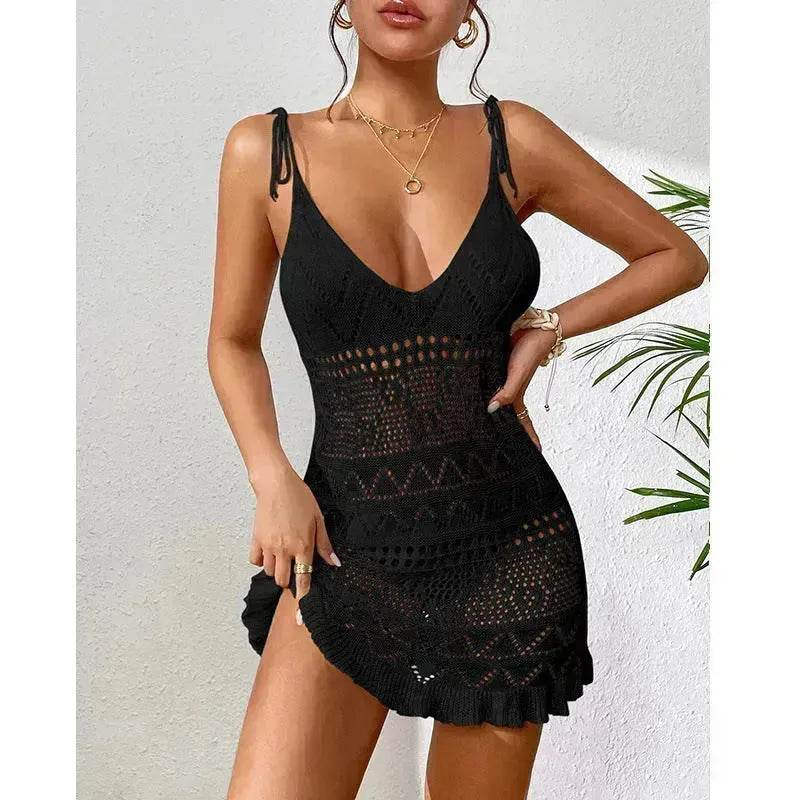Women's Fashion Suspenders Deep V Knitted Beach Skirt Dress for Chic Ladies - Velora