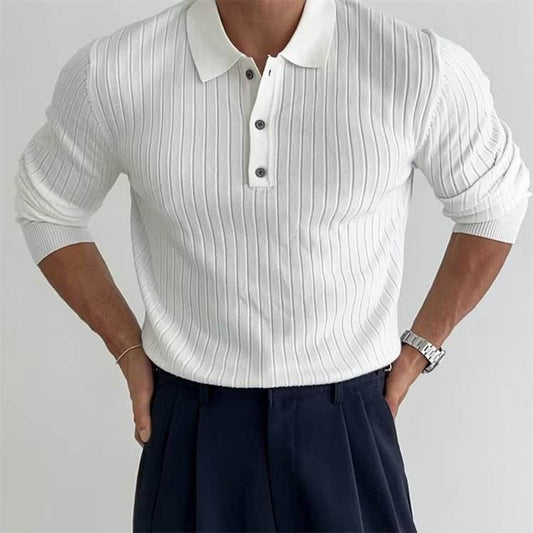 Lapel Button Long Sleeve Polo Shirt Slim Fashion Solid Striped Knitted Bottoming Shirt Top Men's Clothing - Velora