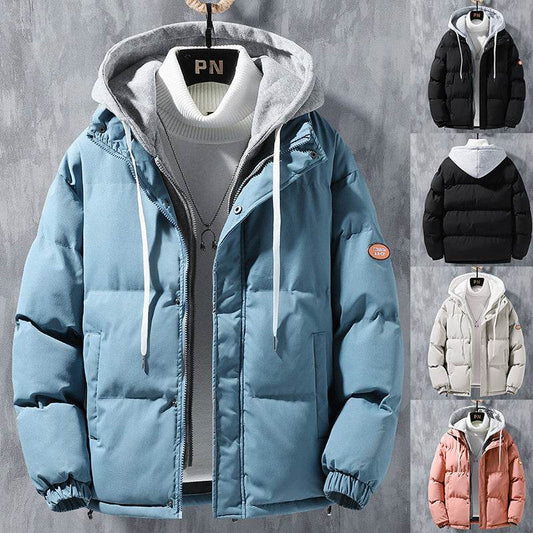 Fashion Hooded Jacket Men Winter Windproof Thickened Fake Two-piece Coat Solid Leisure Sports Cotton Jacket - Velora