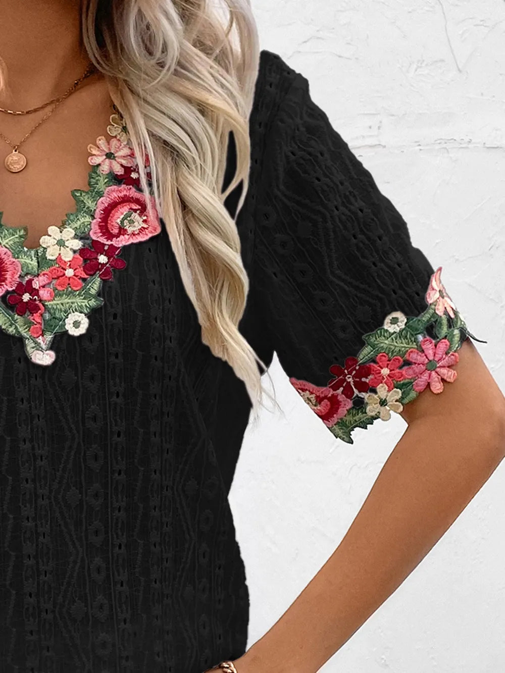 Ivy Lane Eyelet Embroidered V-Neck Short Sleeve Blouse - Velora