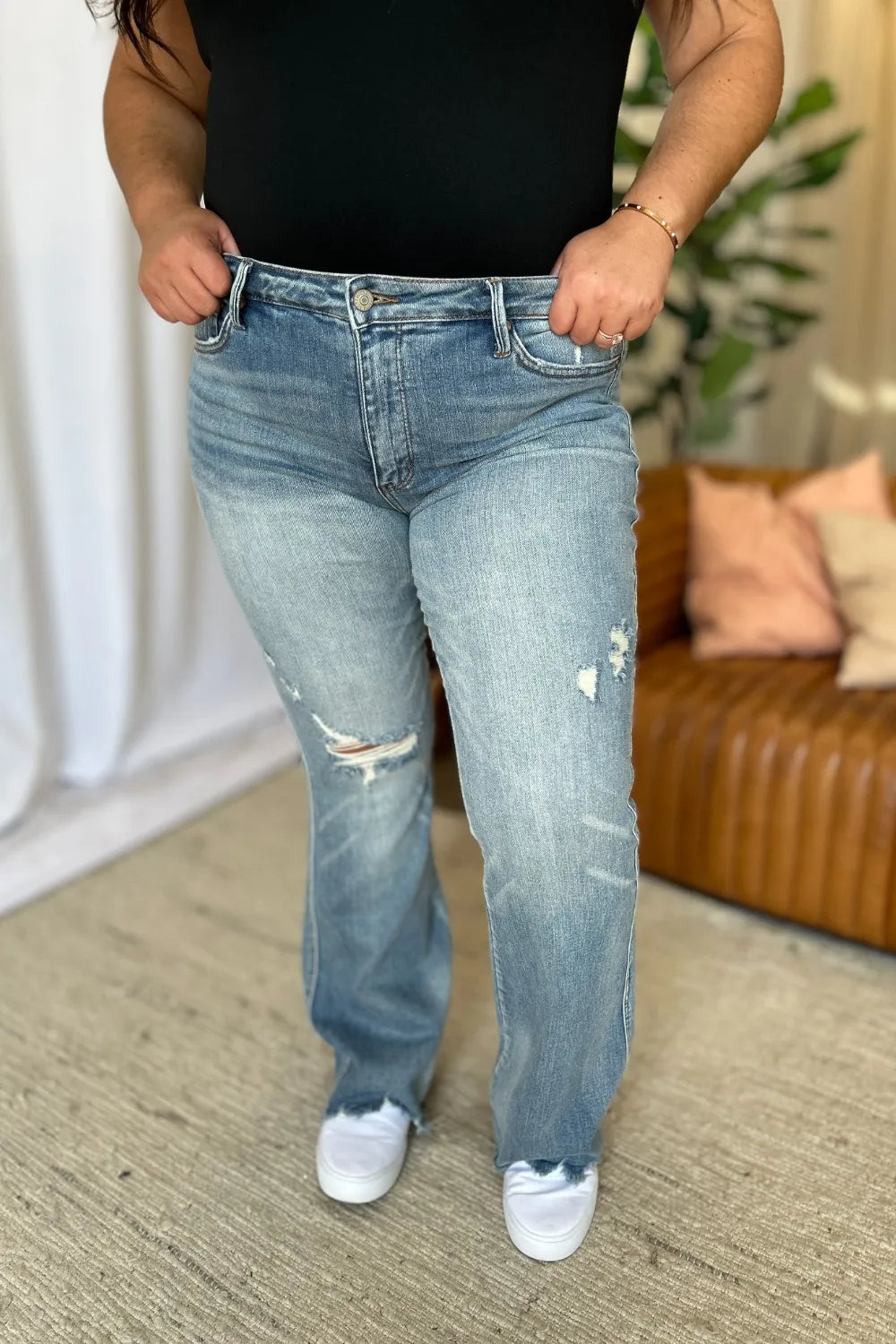 Judy Blue Full Size Medium Rise Tummy Control Destroy Flare - Velora