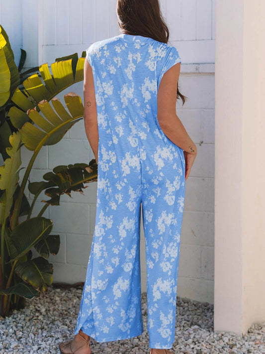 Printed Button-Front Wide Leg Jumpsuit - Velora